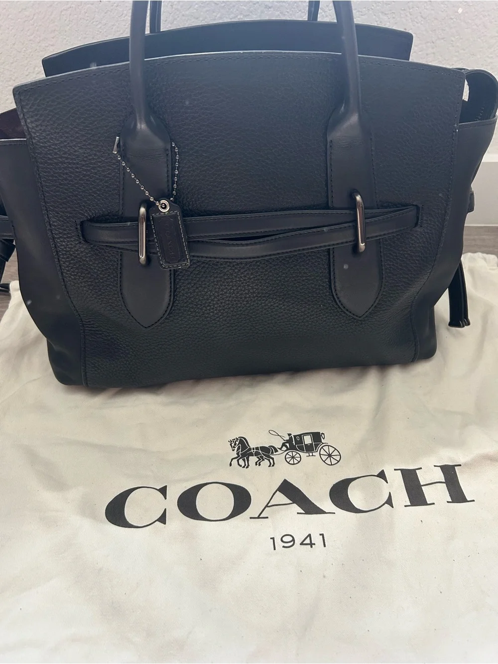 Coach Black Leather Tote with Signature Tag